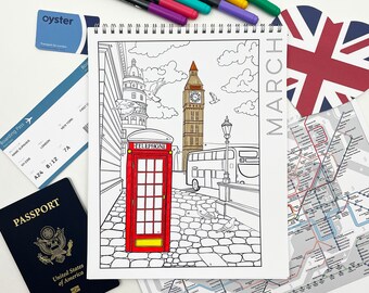 Könnte beinhalten: Eine Schwarzweiß-Malvorlage mit einem London-Motiv, das eine rote Telefonzelle, einen Doppeldeckerbus, Big Ben und Tauben zeigt. Die Seite ist mit "MÄRZ" betitelt.