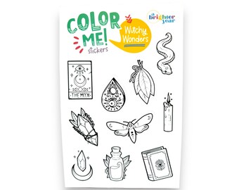 Color Your Own Witchy Wonders Stickers, planner stickers, sticker sheets, Halloween, stickers for water bottle, witchcraft stickers