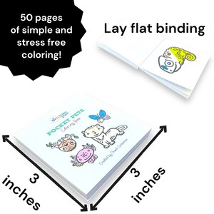 Op de afbeelding: Een klein, vierkant kleurboek van 3 inch met een platte binding, met 50 pagina's om eenvoudig en stressvrij te kleuren. De omslag toont een kleurrijke illustratie van een kat, een vis en een vlinder. De titel van het boek is "Pocket Pets Coloring Book" en de tekst "Created by Shant Groman" staat onderaan.