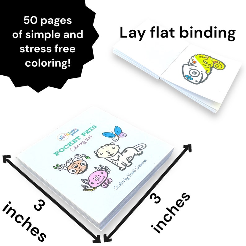 Op de afbeelding: Een klein, vierkant kleurboek van 3 inch met een platte binding, met 50 pagina's om eenvoudig en stressvrij te kleuren. De omslag toont een kleurrijke illustratie van een kat, een vis en een vlinder. De titel van het boek is "Pocket Pets Coloring Book" en de tekst "Created by Shant Groman" staat onderaan.