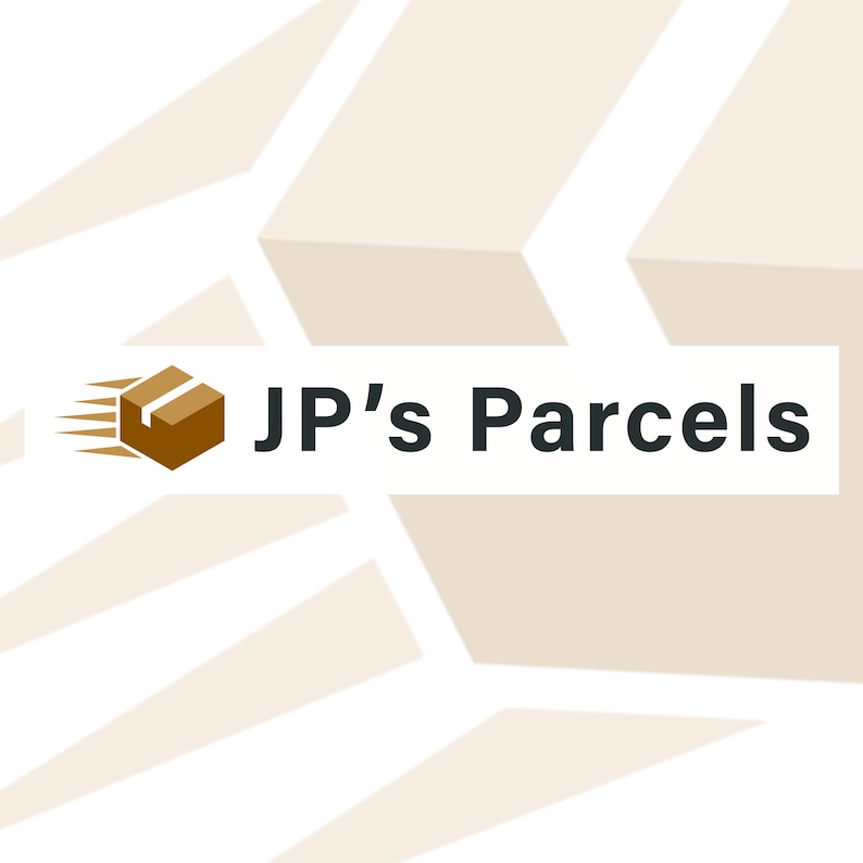 Puede incluir: Un logotipo para una empresa llamada "JP's Parcels" que presenta una caja marr&oacute;n con un contorno blanco y una flecha blanca apuntando hacia la derecha. La caja est&aacute; sobre un fondo blanco con un patr&oacute;n geom&eacute;trico beige.