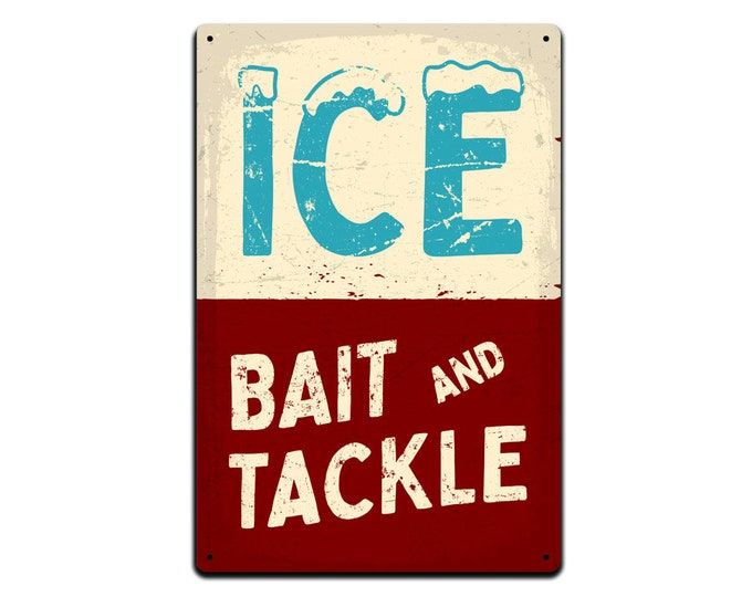 Ice Bait and Tackle Metal Sign – Vintage Fishing Cabin Decor (12 x 8 in)
