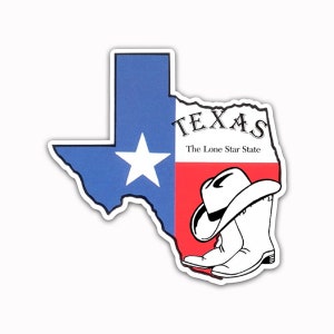 Car Bumper Sticker Magnet Sign - 5x5 in. Refrigerador Caja de herramientas Imanes Mapa del estado de Texas Lone Star State Cowboy Boots
