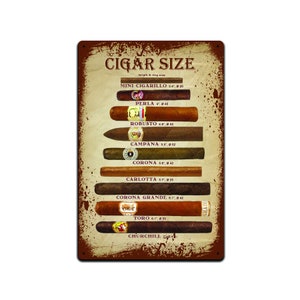 Tin Signs Man Cave Décor - Metal Sign 12 x 8 in. Cigar Sizes Chart Cigarillo Robusto Corona Toro Churchhill