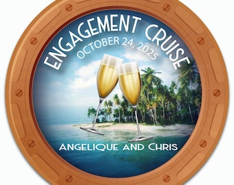 Puede incluir: Gráfico circular con marco marrón, con las palabras "Engagement Cruise" y la fecha "October 24, 2025." Dos copas de champán brindan frente a una escena de playa tropical. Los nombres "Angelique and Chris" están en la parte inferior.