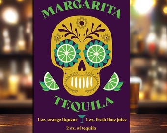 Letrero metálico de calavera con receta de margarita y tequila, 30 x 20 cm, estilo Día de Muertos, para bar, fiesta de cócteles mexicanos, pub, pared.