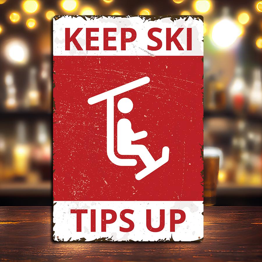 “Keep Ski Tips Up” Vintage Ski Sign – Tin/Metal Lodge Wall Decor 8x12 Rectangle