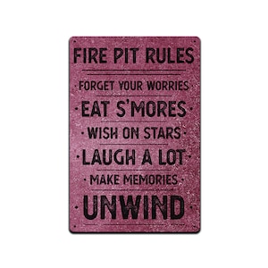 Tin Signs for Backyard Patio Décor -12 x 8 in. Fire Pit Rules Forget your Worries Eat S&#39;mores Wish on Stars Laugh a Lot Make Memories Unwind
