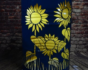 Feuertonne Sonnenblume, Gefertigt aus 200L Ölfass, Deko, Feuerkorb, - Besondere Feuerstelle für Garten und Terrasse - 90 x 60 cm