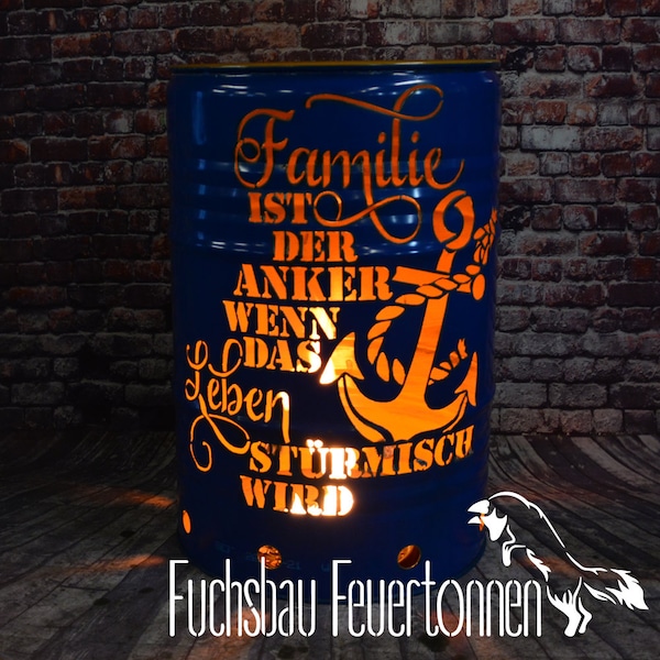 Feuertonne Anker des Lebens, Gefertigt aus 200L Ölfass, Deko, Feuerkorb, - Besondere Feuerstelle für Garten und Terrasse - 90 x 60 cm