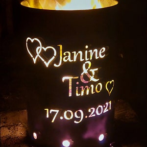 Feuertonne Hochzeit, personalisierbar, Ölfass, Deko, Feuerkorb, Feuerstelle, Gefertigt aus NEUEM 200L Ölfass Bild 2