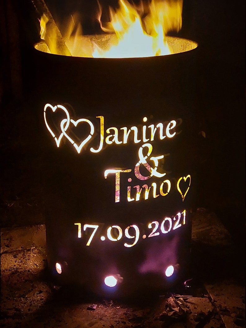 Feuertonne Hochzeit, personalisierbar, Ölfass, Deko, Feuerkorb, Feuerstelle, Gefertigt aus NEUEM 200L Ölfass Bild 2