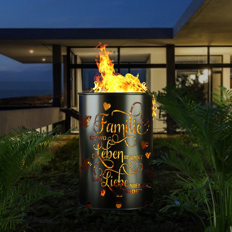 Feuertonne mit Familie Liebe Leben Motiv,Gefertigt aus NEUEN 200L Ölfass, Deko, Feuerkorb,Besondere Feuerstelle für Garten und Terrasse Bild 3