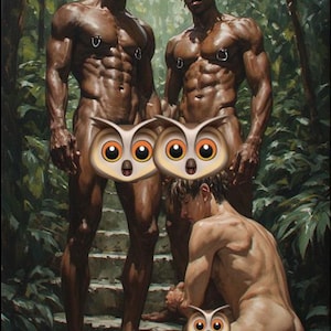 May include: An oil painting depicts three muscular figures in a lush, green forest setting. Two figures stand, while a third kneels on stone steps. The figures have dark skin and are partially nude. The artwork has a classical style.