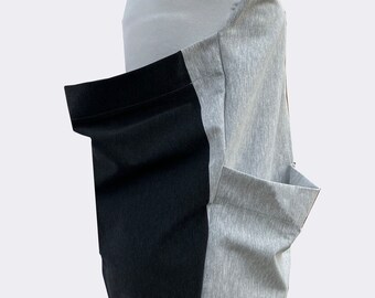 Three-piece Drape Vest with Oversized Pockets. Black and Dark Grey. Light Grey. Open Back.