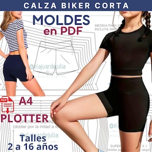 Peut inclure: Un patron de couture numérique pour short cycliste étiqueté CALZA BIKER CORTA, MOLDES en PDF, A4, PLOTTER et TALLES 2 a 16 años. L'image présente un dessin technique du short à côté de photos de personnes portant des shorts cyclistes noirs et rayés.
