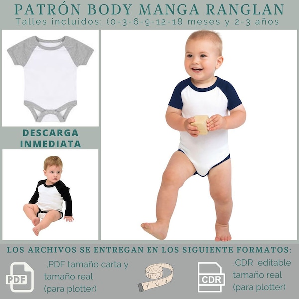 BABY BODY with ranglan sleeve, sewing pattern in PDF and on Cdr. real size and letter (short and long sleeve) 8 sizes, immediate download -