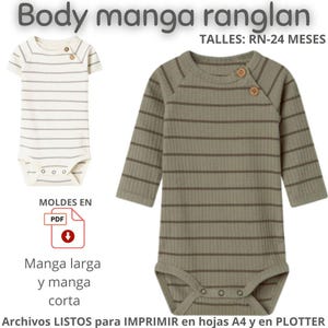 Patrón de costura de PELELE de bebé manga raglan, en PDF A4 y PLOTTER (manga corta y larga) talles 0-36 meses (3 años) descarga inmediata -