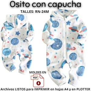 May include: Two white baby onesies with a hood, patterned with blue planets, stars, and red rings. The onesies have a zip closure and are designed for sizes RN-24M. The text "Osito con capucha" is at the top.