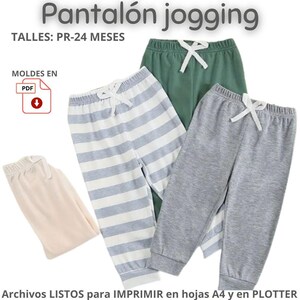 May include: Four pairs of sweatpants in solid green, solid gray, solid beige, and white with gray horizontal stripes. Each pair features an elastic waistband with a white drawstring. Text includes Pantalón jogging, TALLES: PR-24 MESES, and PDF.
