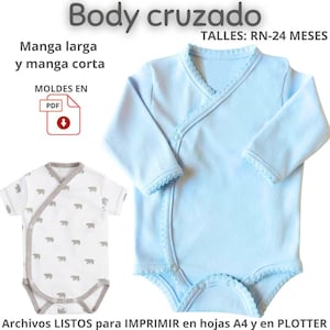 Puede incluir: Un body cruzado azul claro de manga larga con borde festoneado y un body cruzado blanco de manga corta con estampado de osos grises. El texto incluye Body cruzado, TALLES: RN-24 MESES, Manga larga y manga corta, MOLDES EN PDF y Archivos LISTOS para IMPRIMIR en hojas A4 y en PLOTTER.