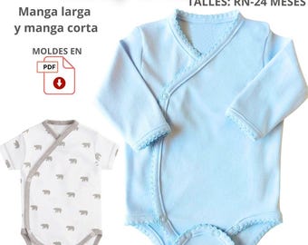 Baby romper pattern (wristband, bodysuit, romper) crossover style, sizes 0 to 24 months, model with buttons or snaps (tutorial not included)