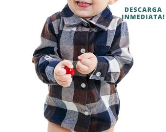 Sewing pattern for baby SHIRT-type romper, PDF and CDR with seam allowance, sizes 0 to 12-18 months, letter size and actual size