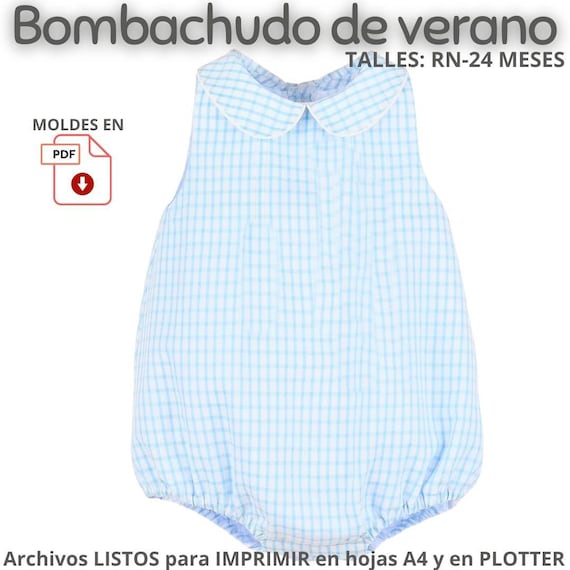 Pelele (romper) para bebé, patrón de costura PDF (corregido y con guía) con margen de costura, T. 0-24 meses, patrones de ropa para bebés