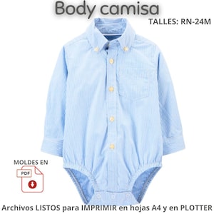Patrón costura pelele tipo CAMISA para bebé, PDF con margen de costura, talles 0 a 24 meses, para imprimir en A4 y PLOTTER (tamaño real)