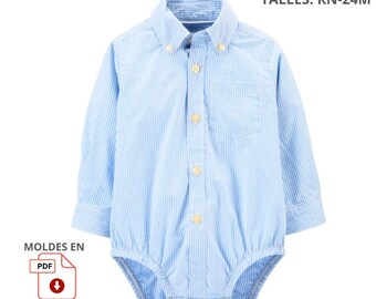Baby romper-style shirt sewing pattern, PDF with seam allowance, sizes 0 to 24 months, actual size (sewing guide not included)