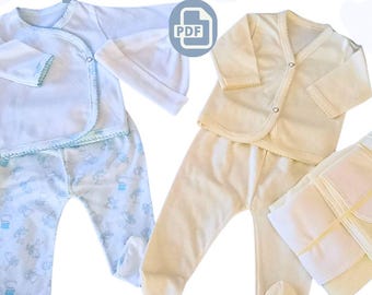 Sewing pattern for newborn baby layette, wrap-around robe, simple robe, romper with foot and hat. PDF and CDR. Actual and fractional size.