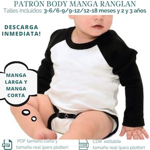 Patrón costura PELELE para bebé manga raglan, en PDF y CDR tamaño real y carta (manga corta y larga) 8 talles, descarga inmediata -