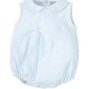 May include: A sleeveless light blue bubble romper featuring a textured fabric and a rounded Peter Pan collar with a white and light blue striped pattern. The garment includes a single button closure at the back neckline and snap closures at the bottom.