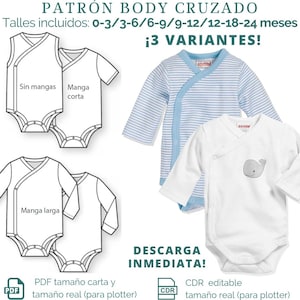 Puede incluir: Un patrón de descarga digital para un body de bebé con tres opciones de manga diferentes: sin mangas, manga corta y manga larga. El patrón incluye las tallas 0-3 meses, 3-6 meses, 6-9 meses, 9-12 meses, 12-18 meses y 18-24 meses. El patrón está disponible en formatos PDF y CDR.