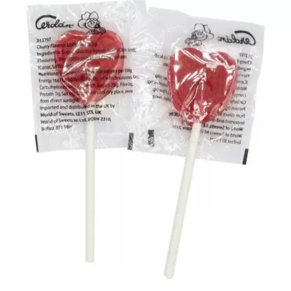 CHERRY HEART LOLLIES x 10 Sweet Shop, Candy, Valentines, Engagement, Baby showers, Vegetarians,wedding favours, Stocking fillers