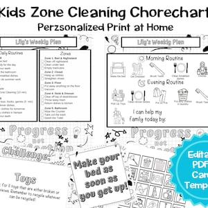 Kids Zone Cleaning Chore Chart, Flylady Kids Printables, Visual Chore Chart, Daily Routine Checklist, Daily Responsibilities, Personalized