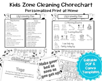 Kids Zone Cleaning Chore Chart, Flylady Kids Printables, Visual Chore Chart, Daily Routine Checklist, Daily Responsibilities, Personalized