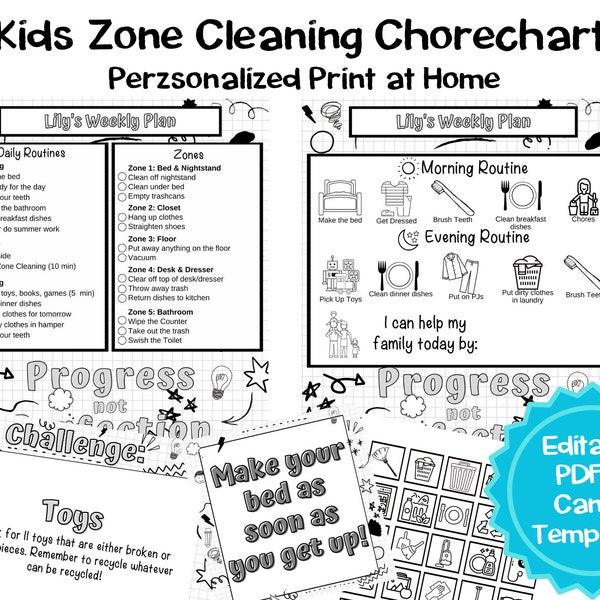 Kids Zone Cleaning Chore Chart, Flylady Kids Printables, Visual Chore Chart, Daily Routine Checklist, Daily Responsibilities, Personalized