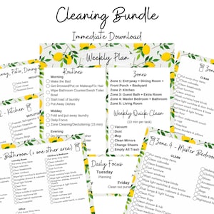 May include: A printable cleaning bundle checklist with a lemon theme. The checklist includes a weekly plan, daily focus, and zones for cleaning different areas of the home, such as the entryway, kitchen, bathroom, master bedroom, and living room. The checklist is designed to help you declutter and clean your home.