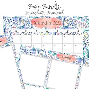 Editable Printable Basic Bundle, Calendar, Goals, To Do List, Floral, Command Center