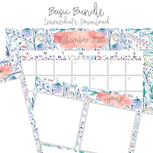 Editable Printable Basic Bundle, Calendar, Goals, To Do List, Floral, Command Center