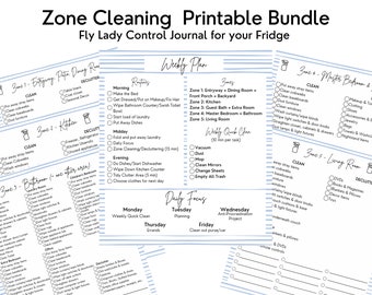 May include: Printable cleaning checklist bundle for a home. The checklist is divided into zones, such as entryway, kitchen, bathroom, master bedroom, and living room. Each zone has a list of cleaning tasks, such as putting away stray items, cleaning cobwebs, and dusting. The checklist also includes a weekly plan with daily tasks, such as making the bed, doing dishes, and tidying up. The checklist is designed to help people stay organized and on top of their cleaning.