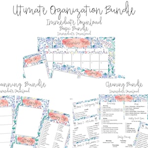 May include: A digital printable bundle for organisation, featuring a calendar, meal planning pages, and cleaning checklists. The pages are decorated with a watercolour floral design in shades of blue, pink, and green.