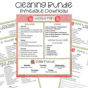 May include: A printable cleaning checklist with a weekly plan, daily focus, and zones for different areas of the house. The checklist is decorated with red apples and polka dots.