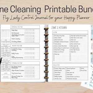 May include: A printable Fly Lady Control Journal for a Happy Planner. The journal is divided into sections for morning, midday, and evening routines. The journal also includes a section for Zone 2: Kitchen, which includes a checklist for cleaning and decluttering.