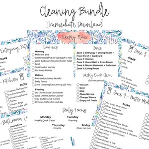 Könnte beinhalten: Eine druckbare Reinigungs-Checkliste mit einem Aquarell-Blumenmuster. Die Checkliste ist in Zonen unterteilt, darunter Eingangsbereich, Küche, Badezimmer, Hauptschlafzimmer und Bad sowie Wohnzimmer. Jede Zone enthält eine Liste von Reinigungsaufgaben, die zu erledigen sind, wie z. B. das Wegräumen von herumliegenden Gegenständen, das Reinigen von Spinnweben und das Abstauben von Möbeln. Die Checkliste enthält auch einen Abschnitt für die wöchentliche Schnellreinigung mit Aufgaben wie Staubsaugen, Abstauben und Wischen.