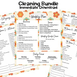 May include: A printable cleaning checklist with a retro 70s theme. The checklist is divided into five zones: entryway, kitchen, bathroom, master bedroom, and living room. Each zone has a list of cleaning tasks to complete. The checklist also includes a weekly plan and a daily focus section.