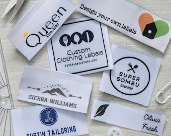 100 custom geweven kledinglabels met logo/artwork/design tot 8 kleuren, iron-on tags, stof tags, quilt labels, breilabels