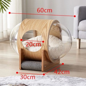 Pets Bed, Cat House, Cat Bed, Cat Furniture - Double Capsule Dome Wood House (incl. White Bedding & x2 Scratch Posts) - 60cm Cat Capsule Bed