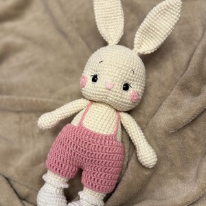 May include: A handmade crochet bunny doll with long ears, rosy cheeks, and black eyes. The bunny wears pink overalls with white suspenders and white ruffled socks. The doll is made of cream-colored yarn.